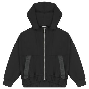Girls Black Logo Hooded Zip-Up Top